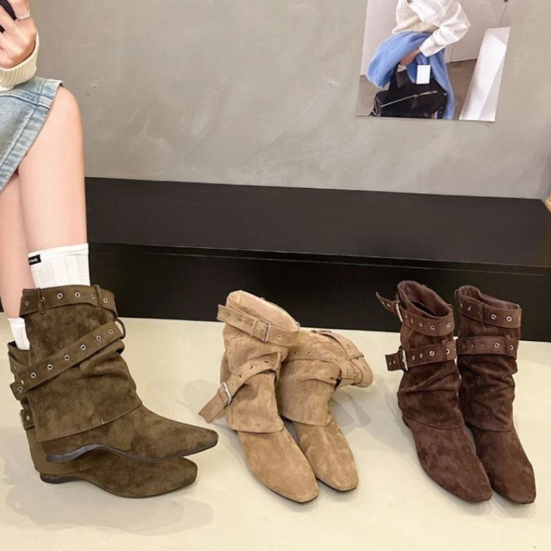 Women Faux Suede Short Boots Metal Buckle Belt Decor Square Toe Internal Elevation Shoes Vintage Western Cowboy Botas Mujer