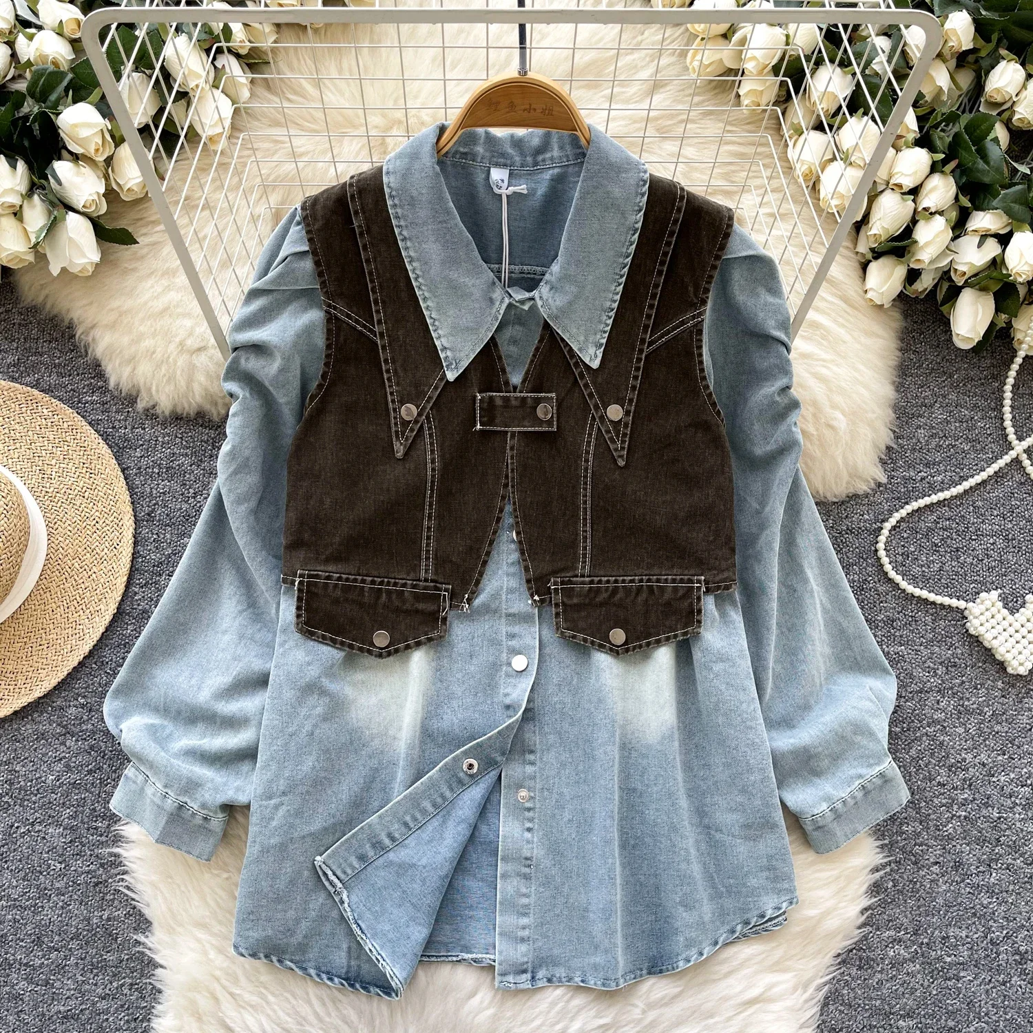 KUSAHIKI Korean Style Suit for Women Buckle Vest Fashionable Puff Sleeve Denim Base Shirt