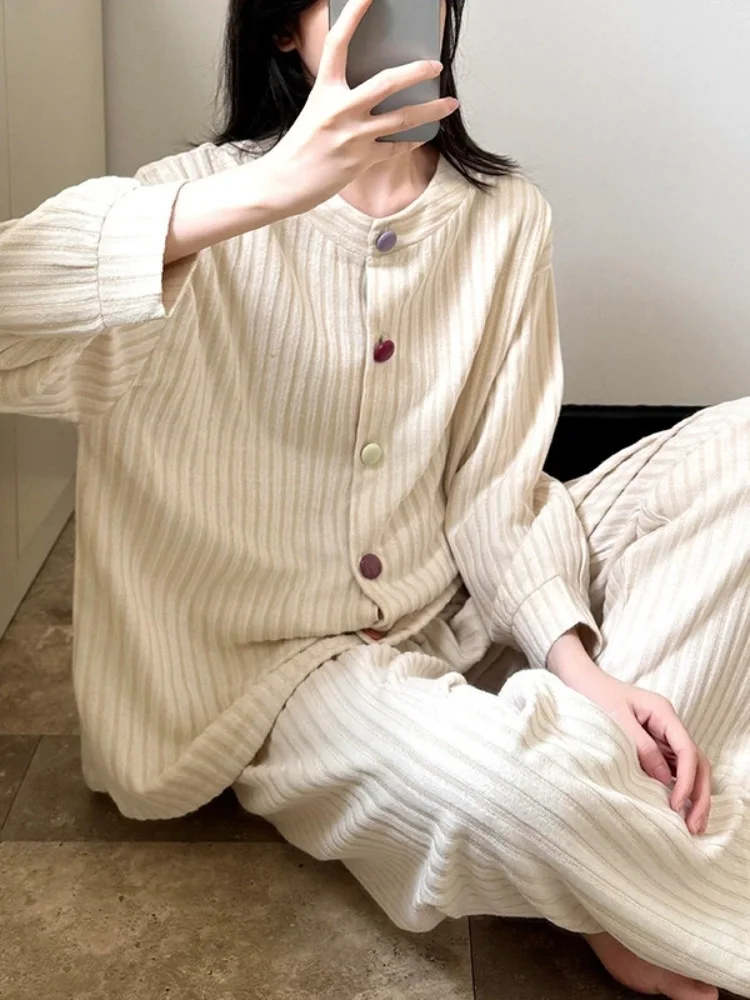 Bottone monopetto addensato Conjuntos caldi Set da 2 pezzi a righe larghe casual da donna Set di pantaloni a vita alta alla moda