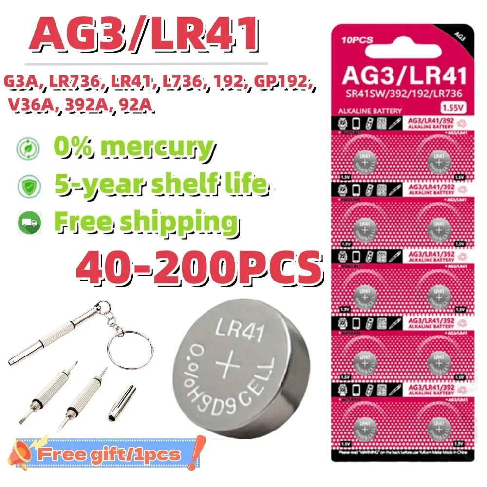 40-200PCS 1.55V AG3 LR41 แบตเตอรี่ปุ่ม SR41 392 192 รอบเซลล์เหรียญแบตเตอรี่อัลคาไลน์ L736 384 SR41SW สําหรับนาฬิกาของเล่นนาฬิกา