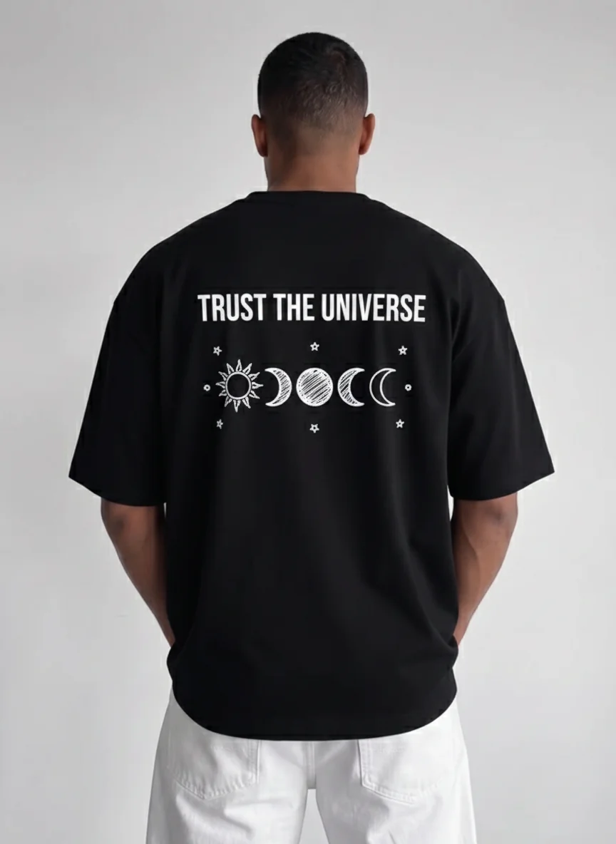 

Trust the Universe Moon Phases Graphic Tee Black Printed Tee Celestial Sun and Stars Back Print Inspirational Slogan Casual