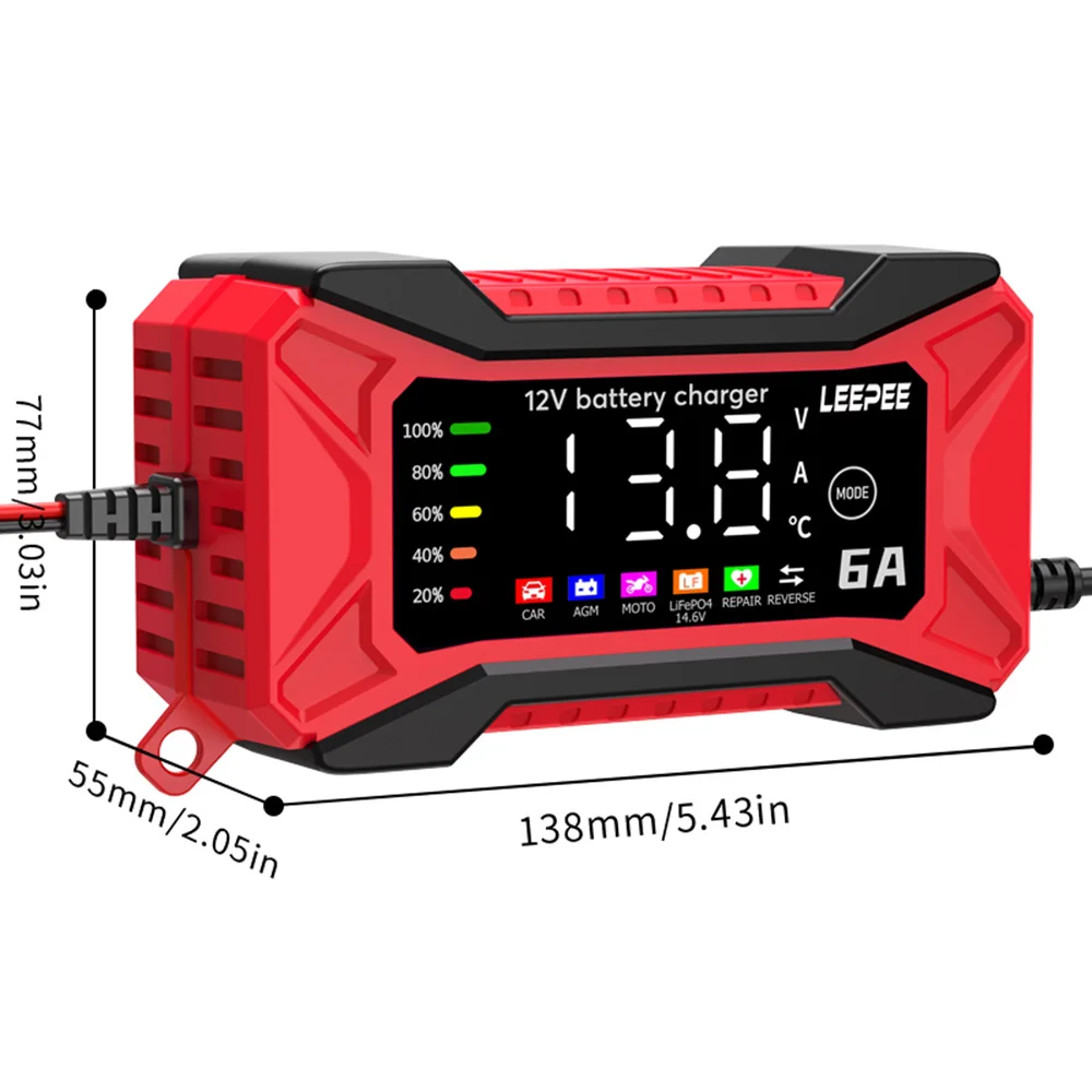 Car RV Truck Trailer Intelligent  Battery Charger Auto SUV Motorcycle Truck 12V 6A Voltage Temperature Detection Pulse Repair