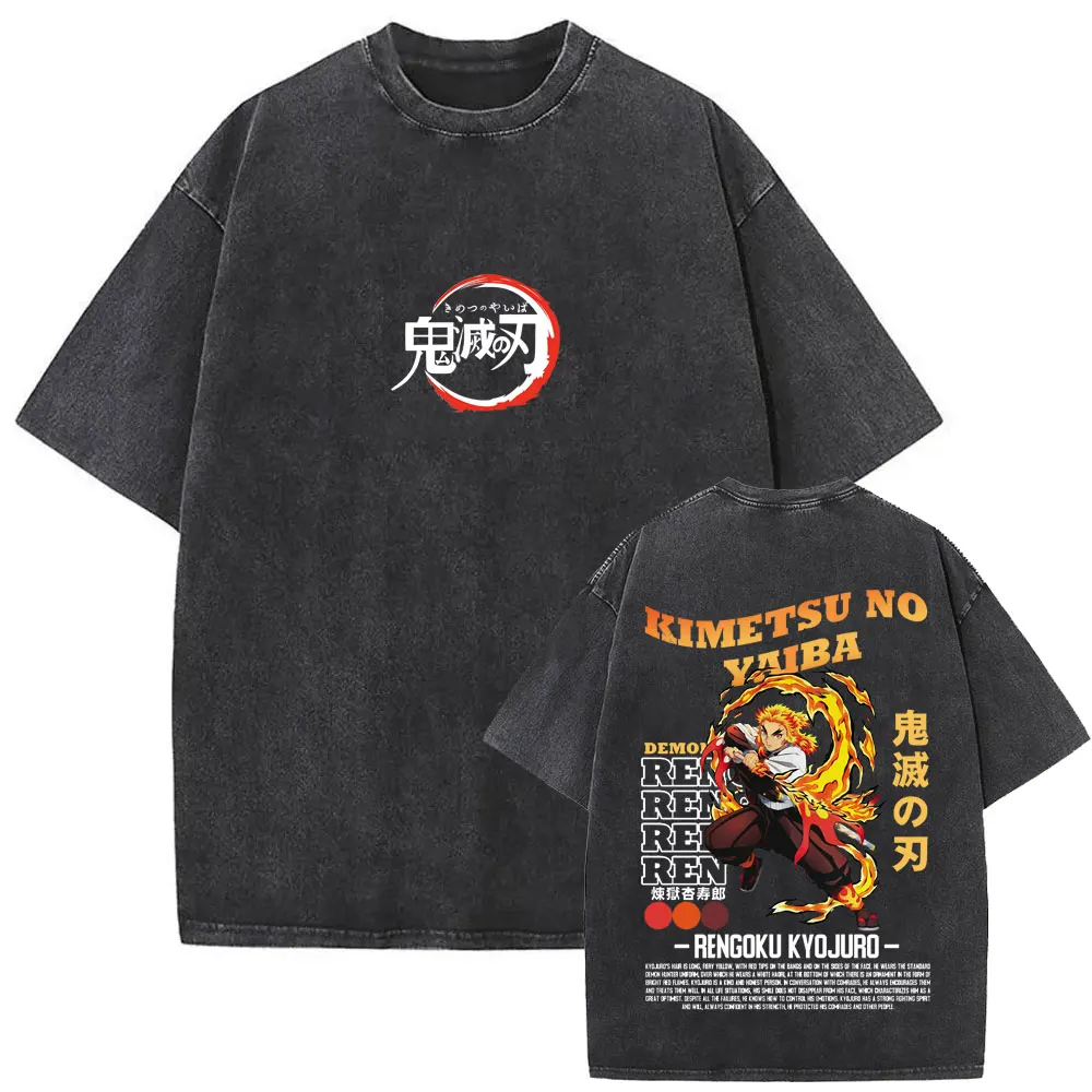 

Washed Vintage Anime Demon Slayer Rengoku Kyoujurou Graphic T Shirts Men Women Casual Cotton T-shirt Men's Oversized T-shirts