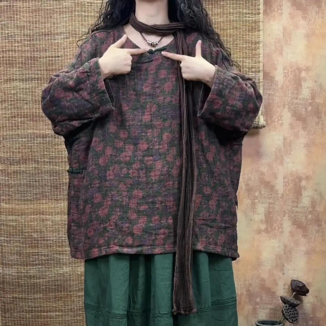 

Осенний новый художественный стиль, женская винтажная свободная блузка с круглым вырезом и принтом, топы, платье с гребешком на пуговицах, утепленные хлопковые льняные повседневные рубашки F6986