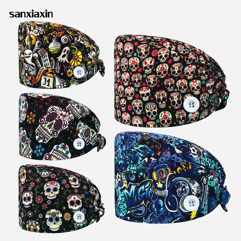 Skull Print Operating Cap Unisex Medical Surgicals Cap Dentist Vet Work Hats Operating Room Dustproof Hat Men Women Nursing Cap