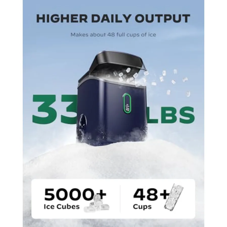 Countertop nugget ice maker for home kitchen office use, blue ABS plastic, one-click operation with crushed ice and self-cleani