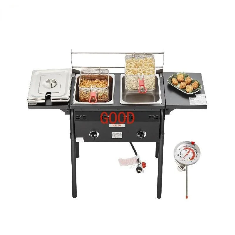 VEVOR Outdoor Propane Deep Fryer Double Burners Commercial Fryer 16 Qt Stainless Steel Cooker Oil Fryer Cart For Outdoor Cooking