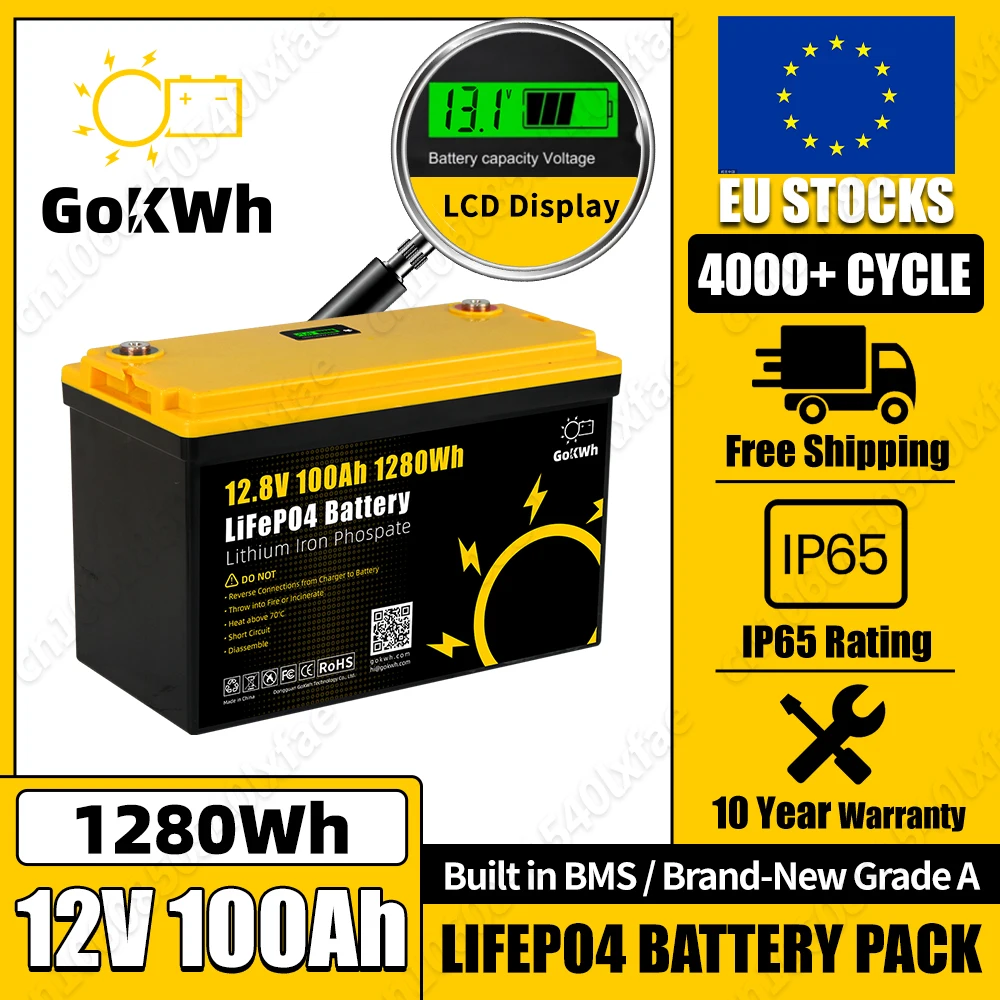 GoKWh 12.8V 100Ah LiFePO4 Battery 100% Capacity 4000+ Cycles LFP Cell Batteries Built-in 200A BMS For RV Boat Golf Cart Forklift