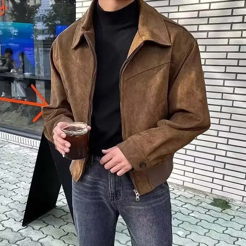 Maillard Vintage Men's Jacket American Style Brown Coffee Color Chamois Leather Velvet Cropped Aviation Jacket For Spring Autumn