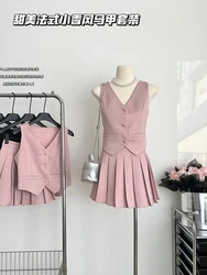 Summer Vacation Aesthetic Women Old Money Solid Color Office Lady Outfits 2 Piece Set Single-breasted Vest + Mini Pleated Skirts