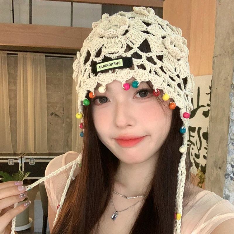 Vintage Bohemian Style Crochet Fringed Beanies Caps for Women Summer and Autumn Travel Photo Versatile Sweet Knitted Hats