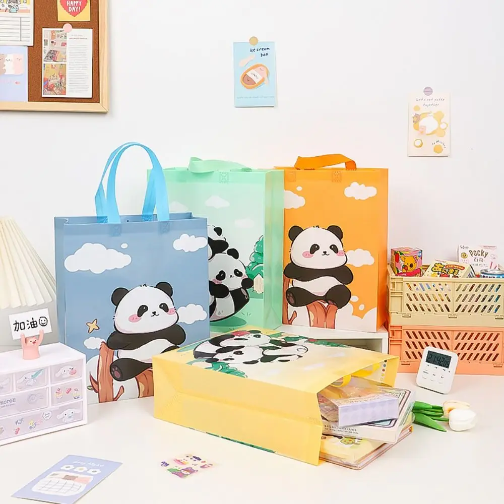 Grande capacidade Cartoon Panda sacola não tecida, Saco de armazenamento colorido com alças, Eco Friendly sacos de compras para meninas