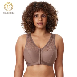 Delimira Women's Front Closure Full Figure Wirefree Racerback Lace Plus Size Bra