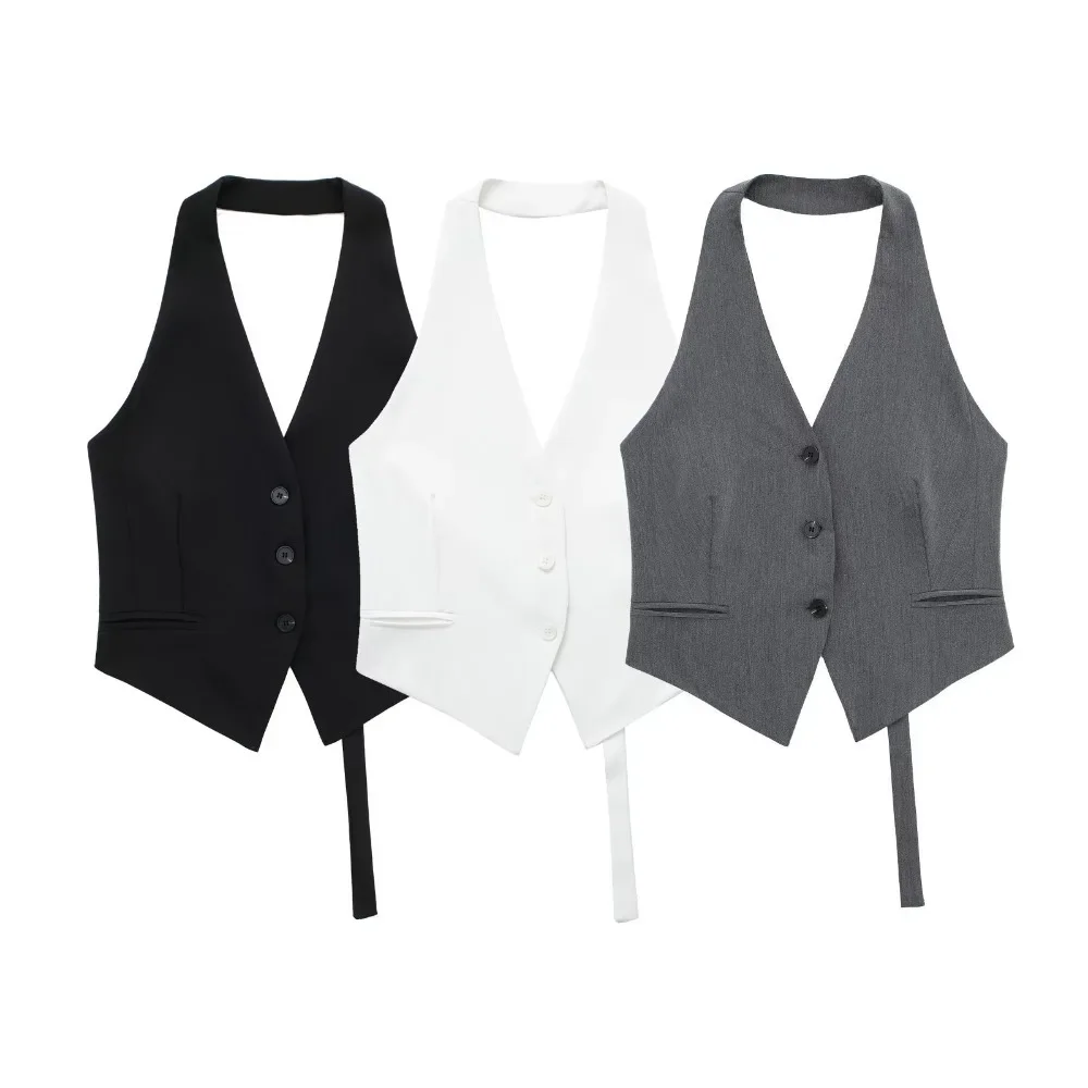 2025 Summer Casual Backless Formal Vests Women's Suit Vest Halter Neck Sleeveless Vest Woman Off Shoulder Black White Short Vest