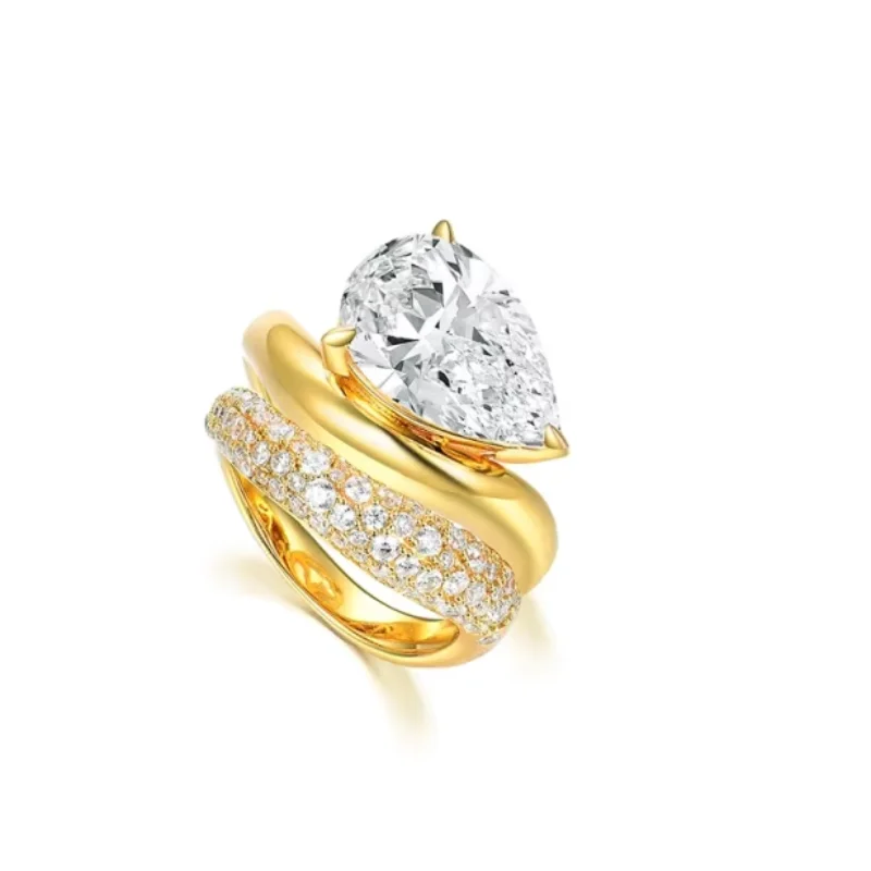 Bellux 925 Silver Synthetic Zircon Large Carat Water Drop White Diamond Stacked Matching Rings Gold Plated Double-layer Rring