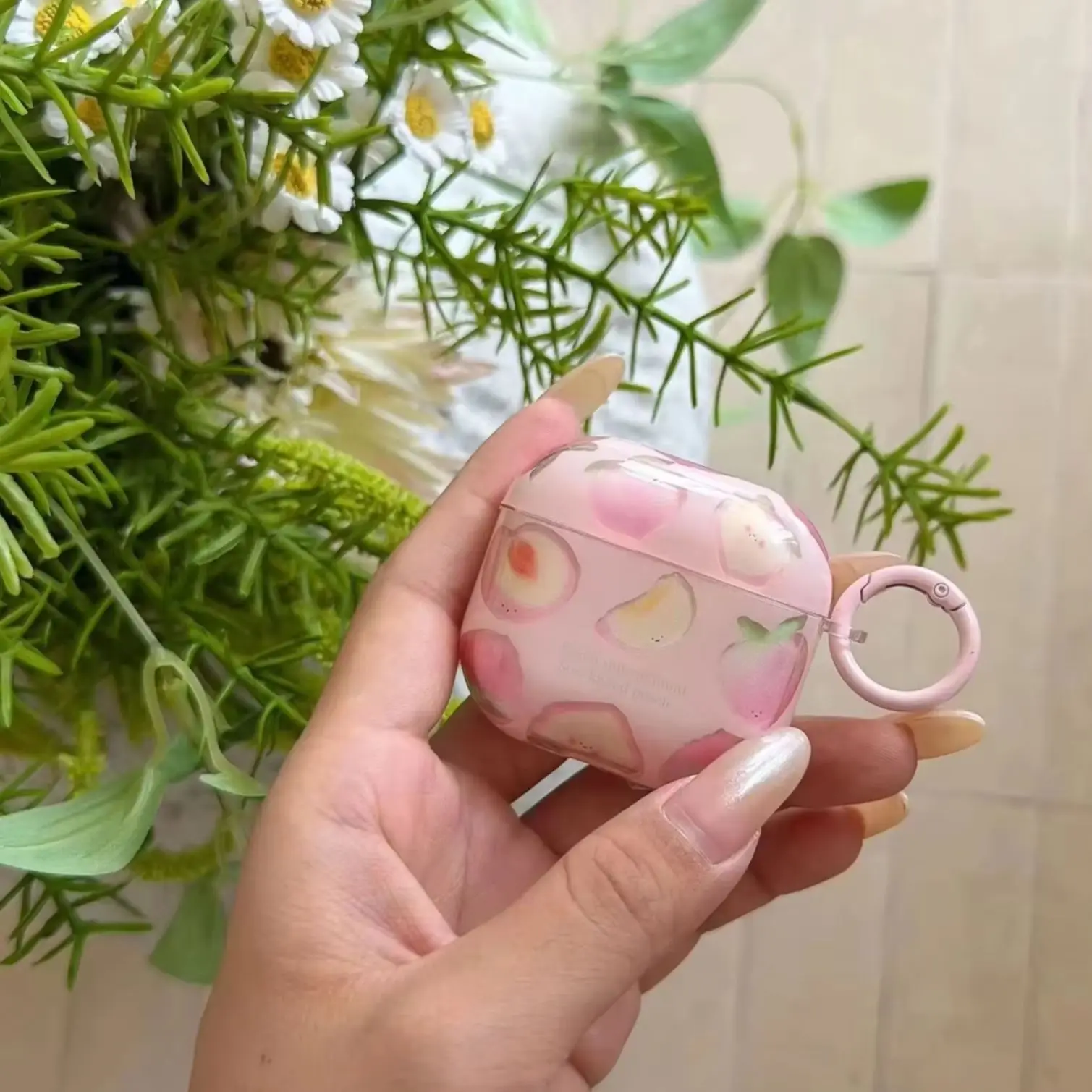 Creative Sweet Transparent Pink Peach Pattern Glossy Surface Earphone Cover Case For AirPods 2 3 4 5 Pro Pro2 Pro3 with Pendant