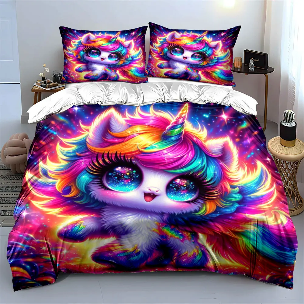 Rainbow Dreamy Little Unicorn Duvet Cover Set with 3D Printing Design Soft Polyester Bedding Set All-Season Comfort for gifts