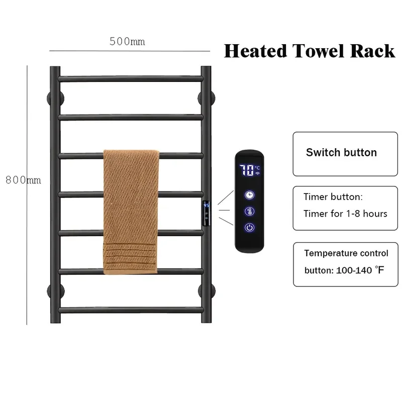 Electric Towel Rack Stainless Steel Bathroom Heated Towel Warmer Carbon Fiber Heating Rail for Toilet Wall Mounted Dryer