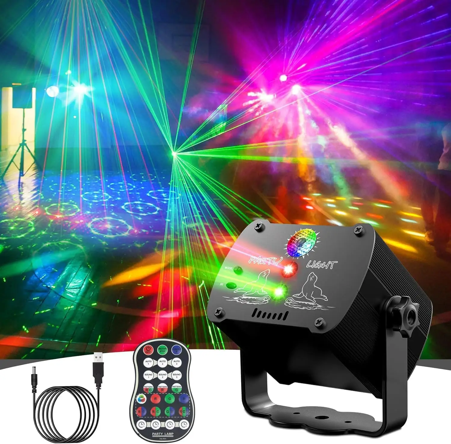

USB Disco Party Lights Sound Activation DJ Laser Strobe Stage Lights With Remote Control For Home Birthday Wedding Projector
