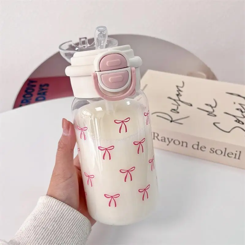 Cute Water Bottle with Straw Portable Plastic Pop-Up Cover Water Cup for Kid Kawaii Bottle Water Leak-Proof Cute Drinking Bottle