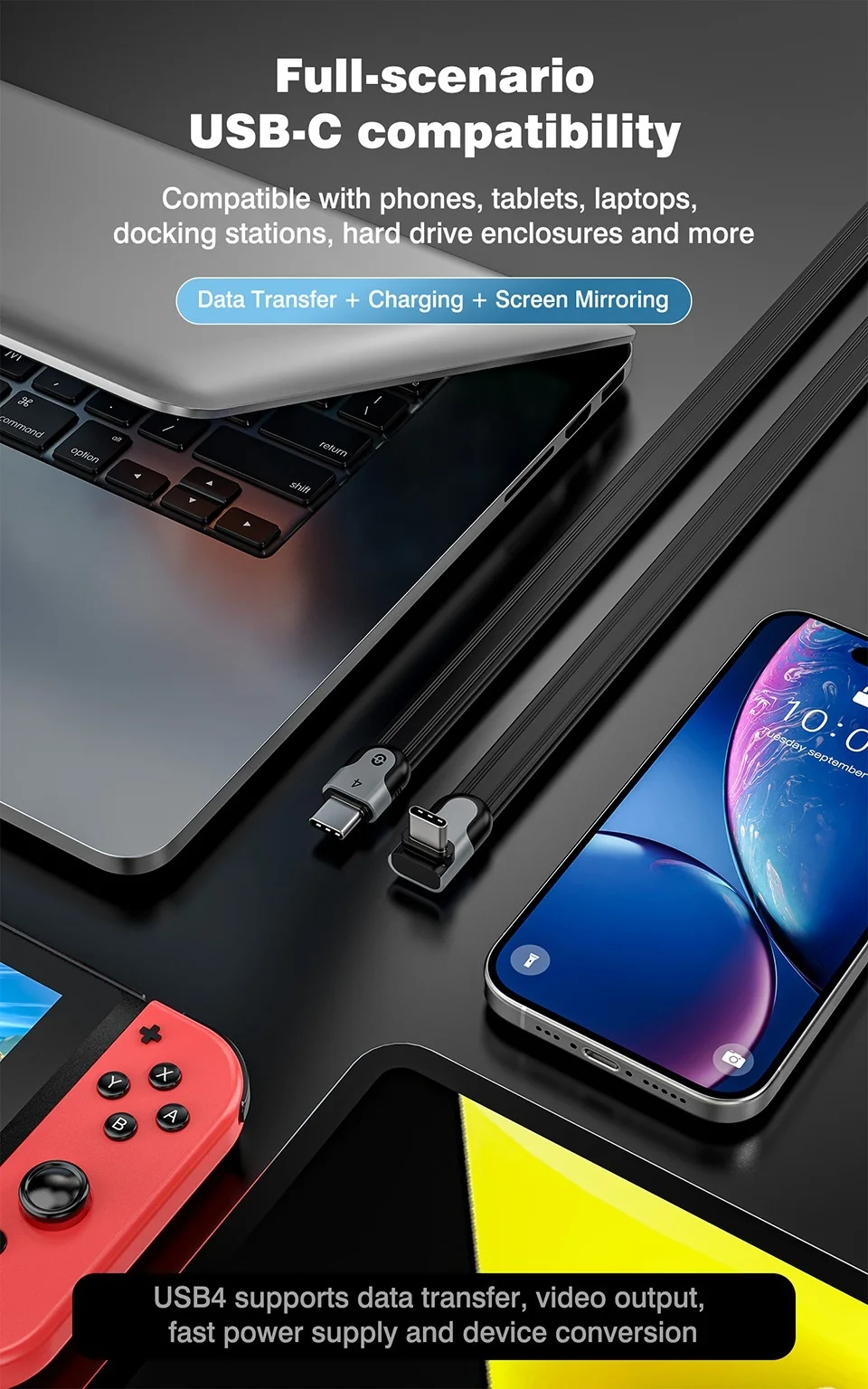 UGOURD Right Angle Thunderbolt4 USB4 Type C Cable 90 Degree Elbow 8K 240W Fast Charging 40Gbps Data Sync USB Cord All Directions