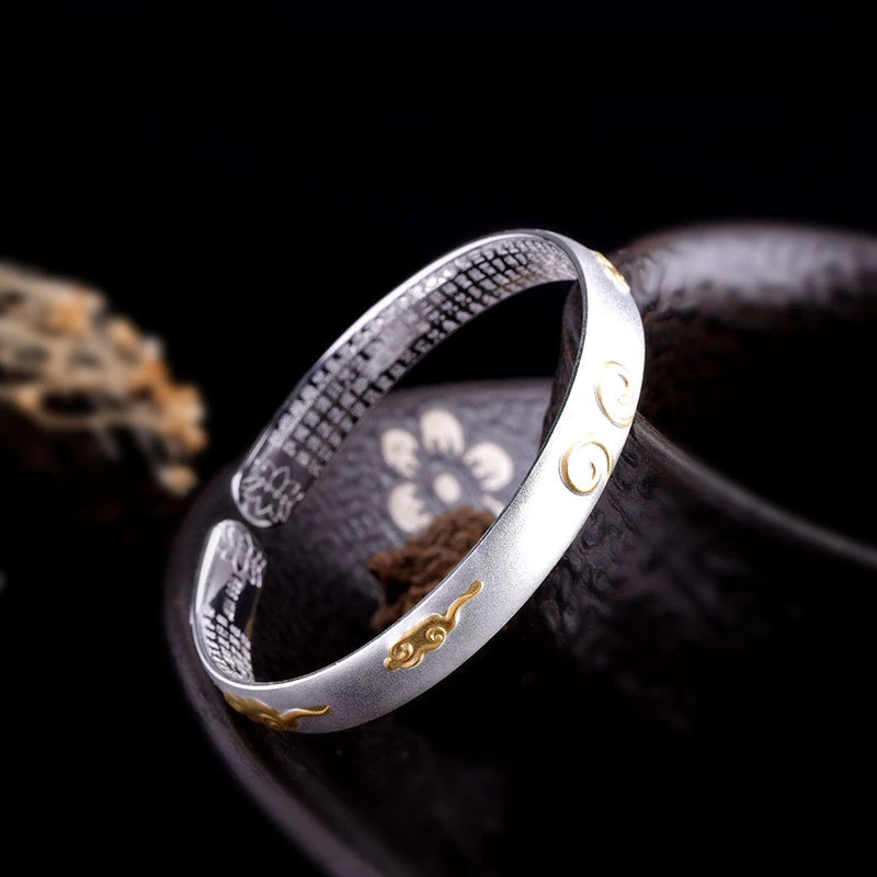 OUYADI Vintage Two‑Tone 999 Sterling Silver Open Bangle, Gilded Auspicious‑Cloud Relief Pattern Women Fine Jewelry Gift