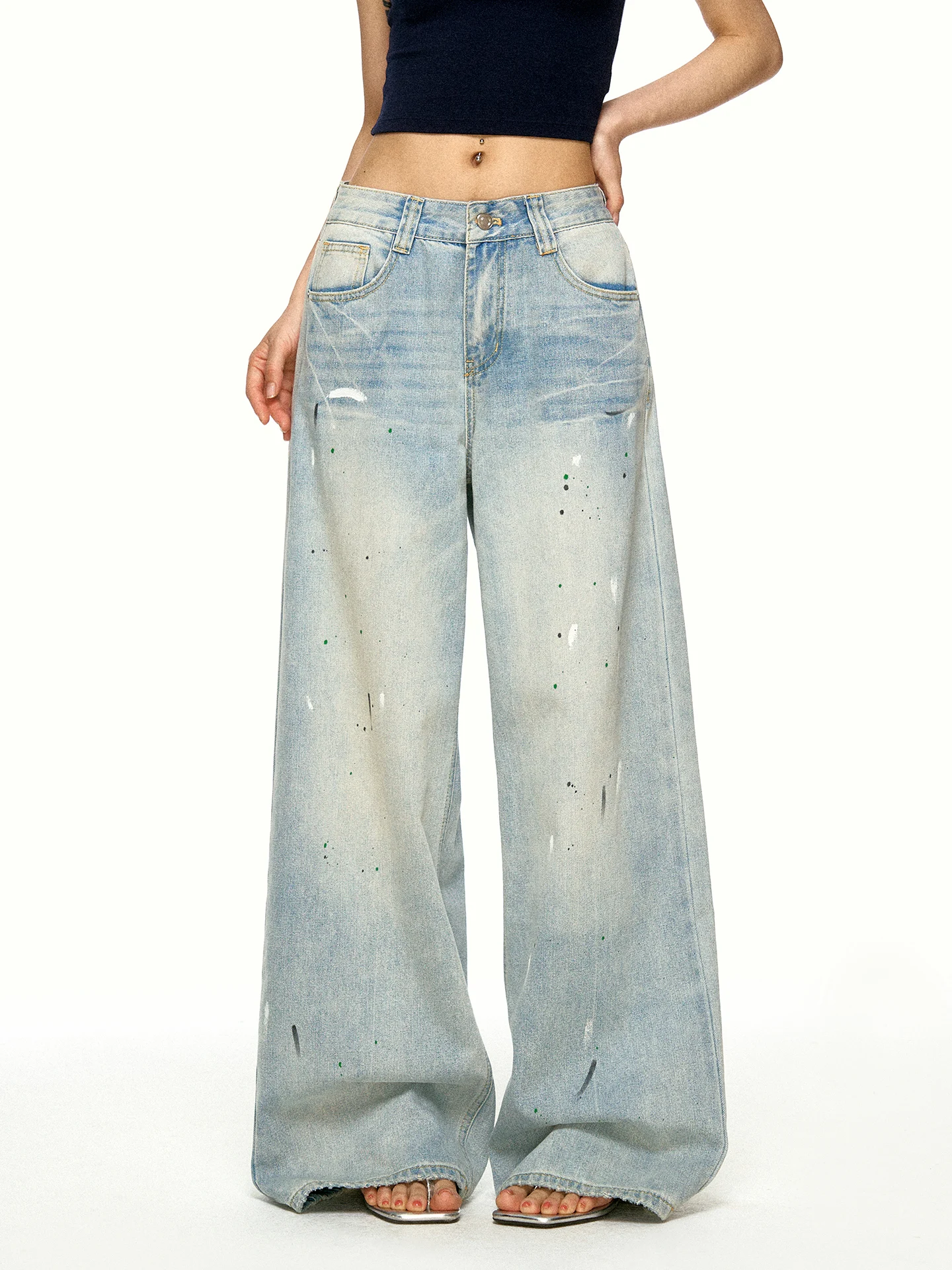 Aaisup Light Blue Washed Wide Leg Jeans Women's Summer Loose Draping Slim Straight Floor-Length Pants Casual Straight Leg Jeans