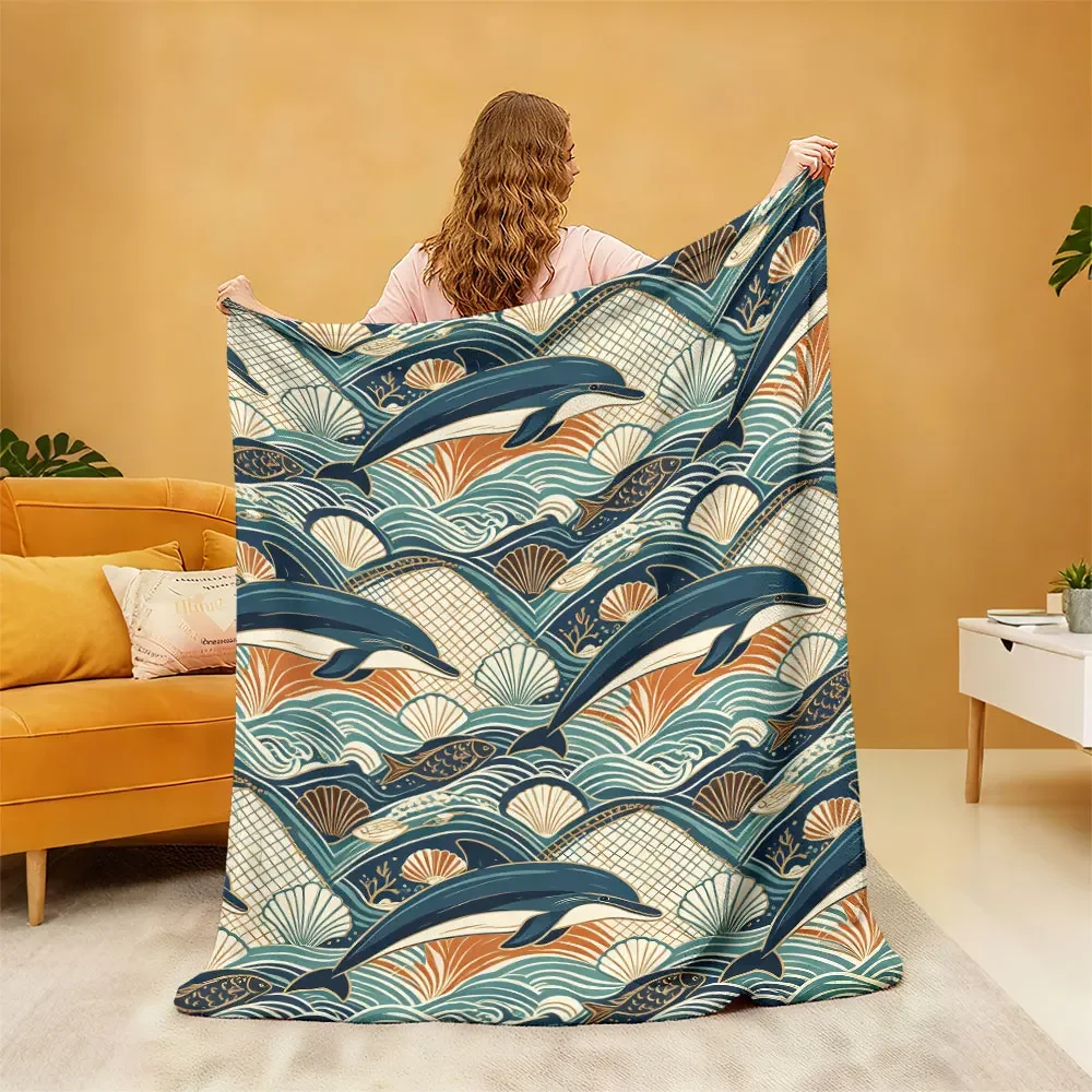 Nautical Dolphin Wave Pattern Throw Blanket Cozy Ocean Beach Decor Gift for Sofa Bedding