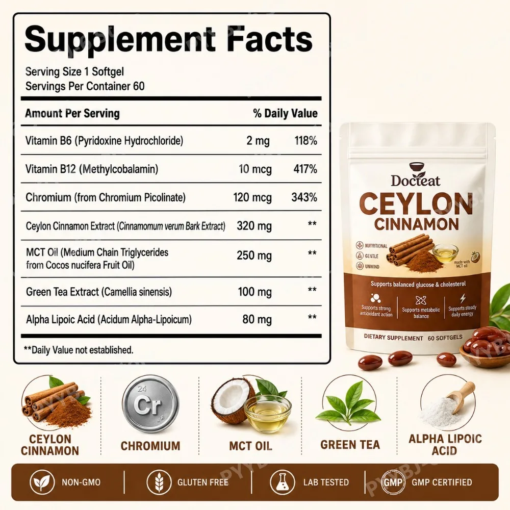 Docteat Energy Support Softgels Ceylon Cinnamon Antioxidant Action and Metabolic Balance 60 CT for Adults Daily Vitality