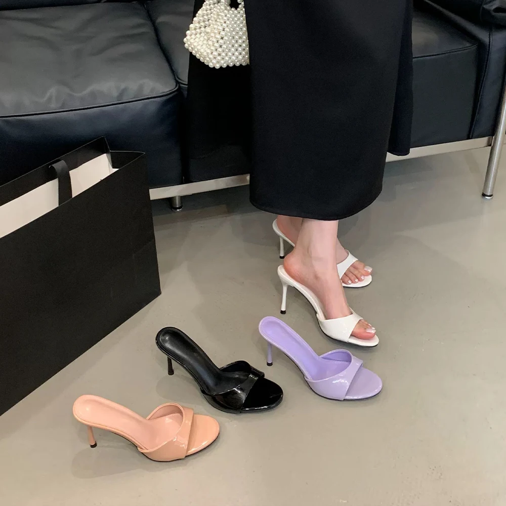 

Женские босоножки на высоком каблуке из лакированной кожи на шпильке, круглые шлепанцы с открытым носком, сексуальные шлепанцы для свадебного выпускного вечера, шлепанцы с открытой спиной