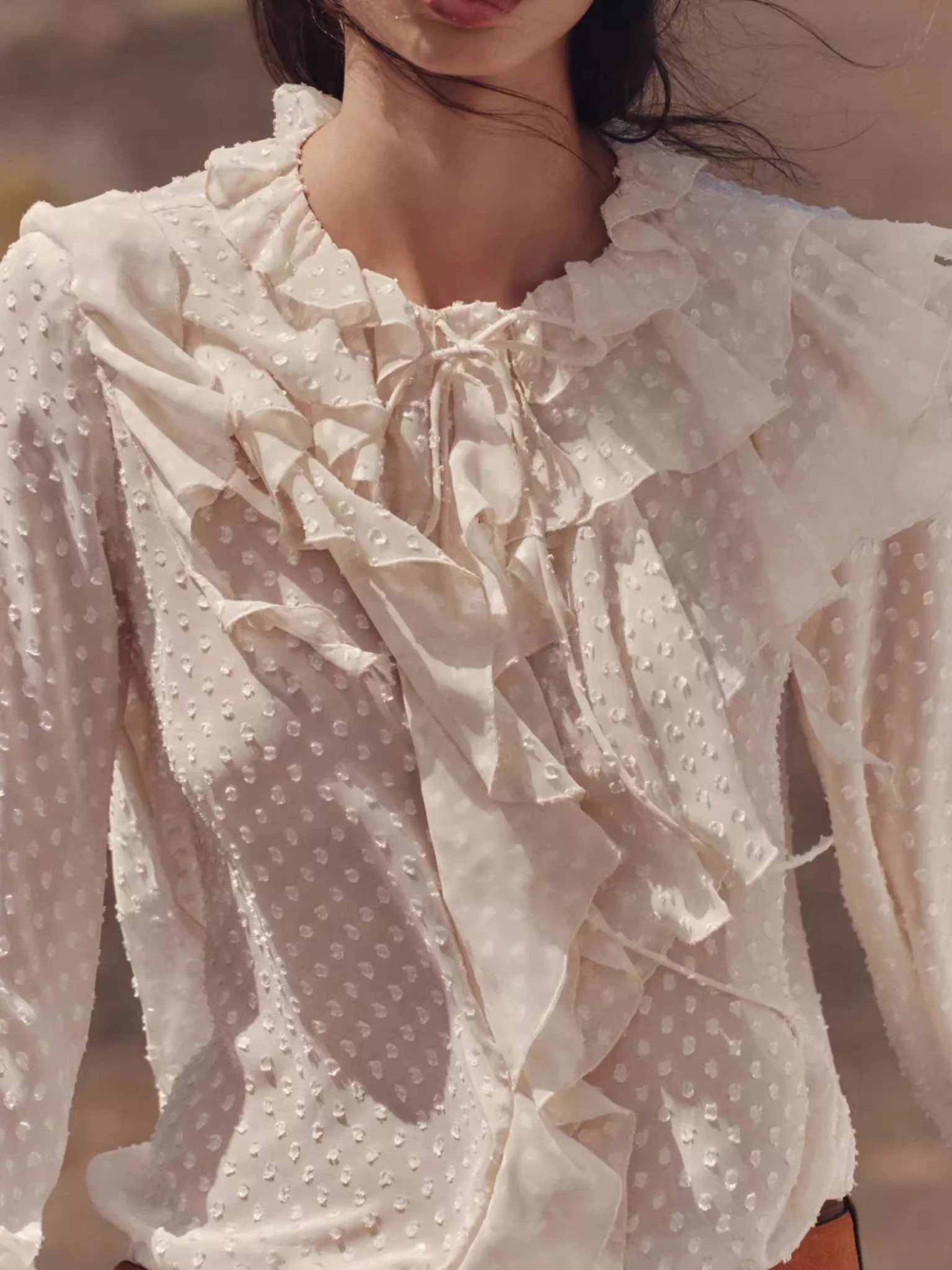 Sweet Layered Decoration Thin Veil Long Sve irt Women's Top New Arrival Spring Summer 2025 Loose Fit Polyester Fiber