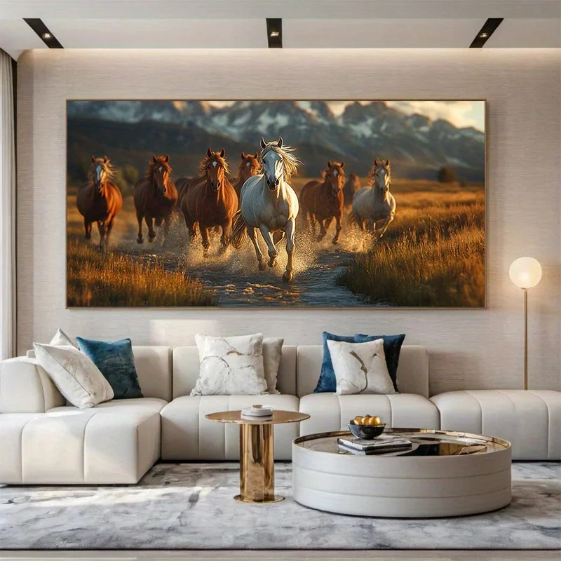 Large-sized frameless canvas paintings,A Group of Galloping Horses Poster Prints Animal White Brown Horses Canvas Painting Wall