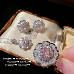 925 Sterling Silver Romantic Sweet Pink Dazzling Cubic Zirconia Jewelry Sets for Women Dainty Wedding Necklace/Earrings/Ring