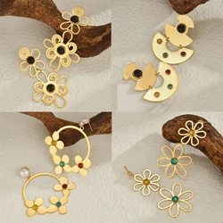 Big Size Drop Earrings Colorful Stones Vintage Gold-Plated For Women Stainless Steel Flower Charms Accessories Jewelry Gifts