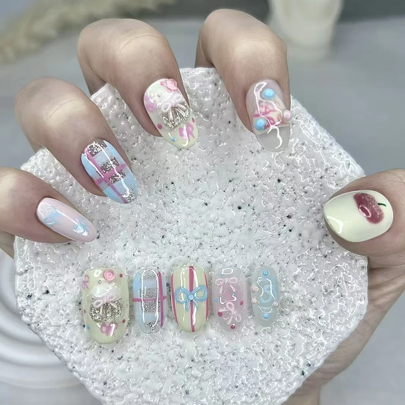 

10 Pieces Dreamy Sweet and Cute Handmade Press On Nails Cherry Bow Swirls Fake Nails Removable and Reusable