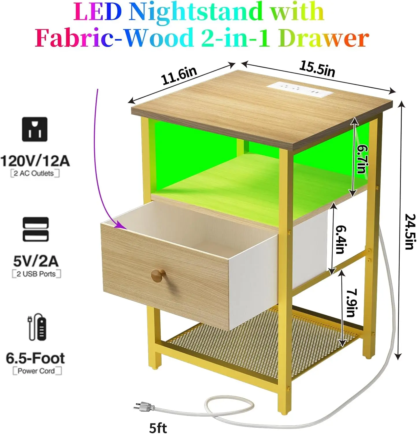 Set of 2 with Charging Station, Bedside Tables with USB Ports and Outlets, End Table with Fabric-Wood 2-in-1 Drawer for Small Sp