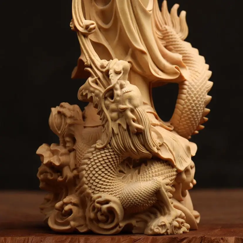 Thuja Poplar Wood Carving Royal Dragon Guanyin Bodhisattva Character Ornaments Home Living Room Decoration Solid Wood Crafts