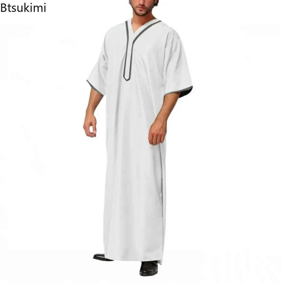 Mężczyźni Vintage Half Sleeve Muslim Kaftan Robes Leisure V Neck Printed Jubba Thobe Solid Patchwork Arabic Clothes Plus Size S-5XL