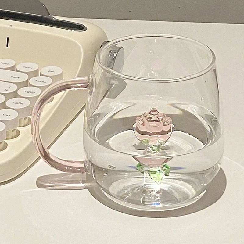 Transparent Glass Rose Cup Household High Temperature High-end Sense of Light Luxury Glass Water Cup Creative Home Office Mugs