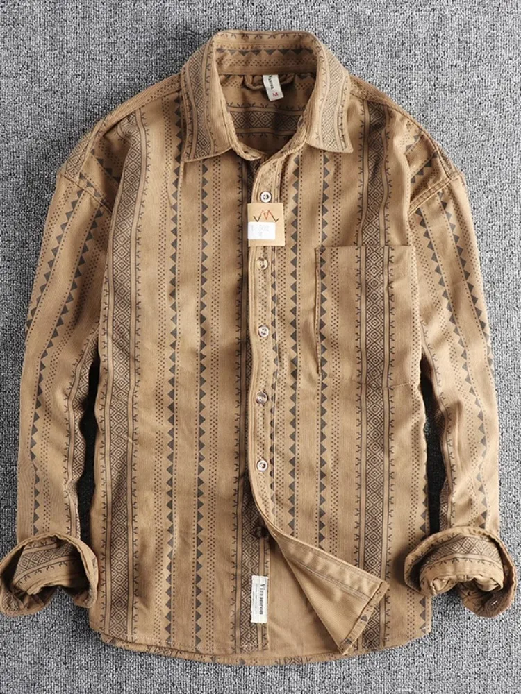 Spring Autumn New Navajo Totem American Retro Casual Pocket Loose Men's Shirt Jacket Breathable Moisture Wicking Long Sleeve