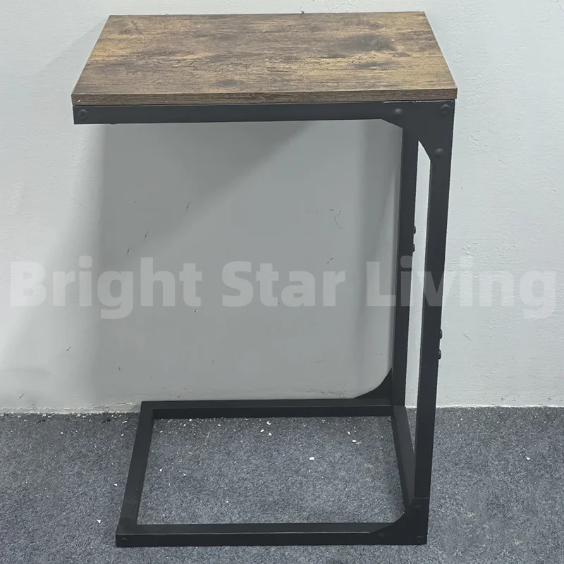 Rustic Multifunctional C-Shape Small Table Couch Living Room Wooden Console Table Side Small Entryway Metal Frame Sofa Table