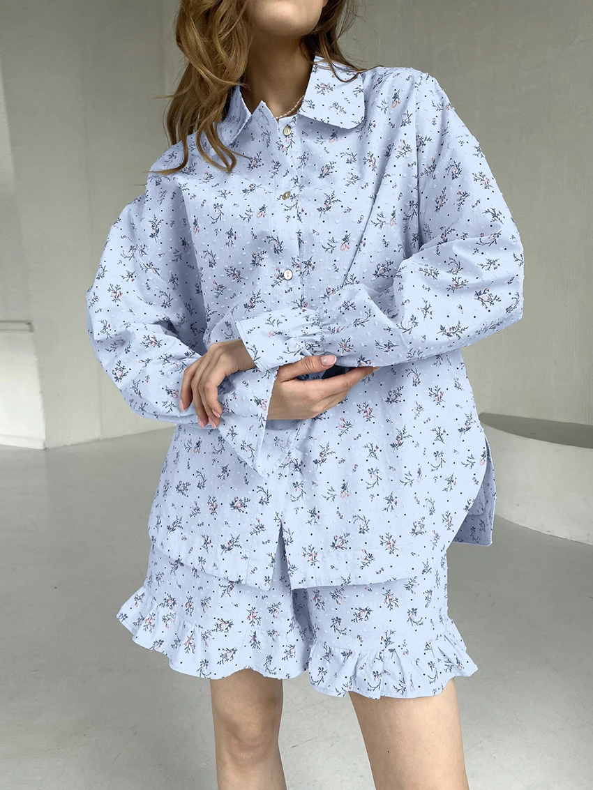 Mathaqiqi Loose Home Clothes For Women Long Sleeve Nightgowns Turn-Down Collar Pajamas Shorts Casual Women Nightie 2 Piece Suit
