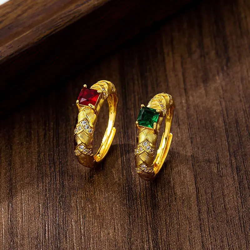 Luxury 24K 9999 Pure Gold real gold Women's open wheat ring with natural gemstones