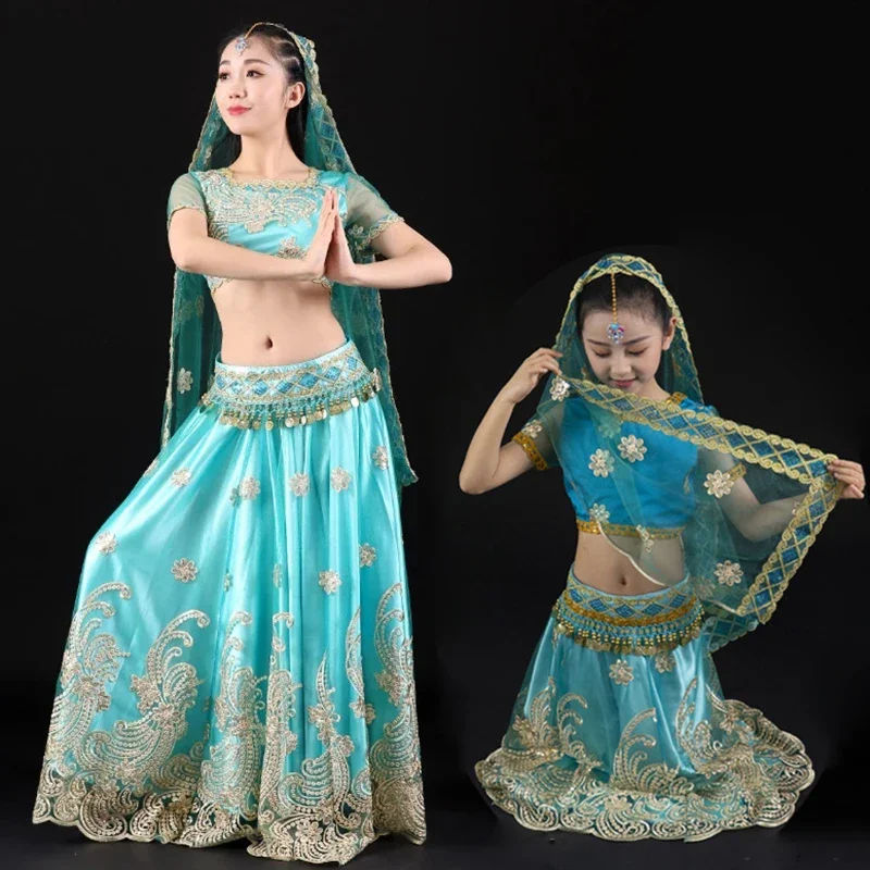 Belly Dance Outfits Indian Dance Embroidered Bollywood Costume Set Long Skirt Top Belt Sari 4pcs Festival Performance