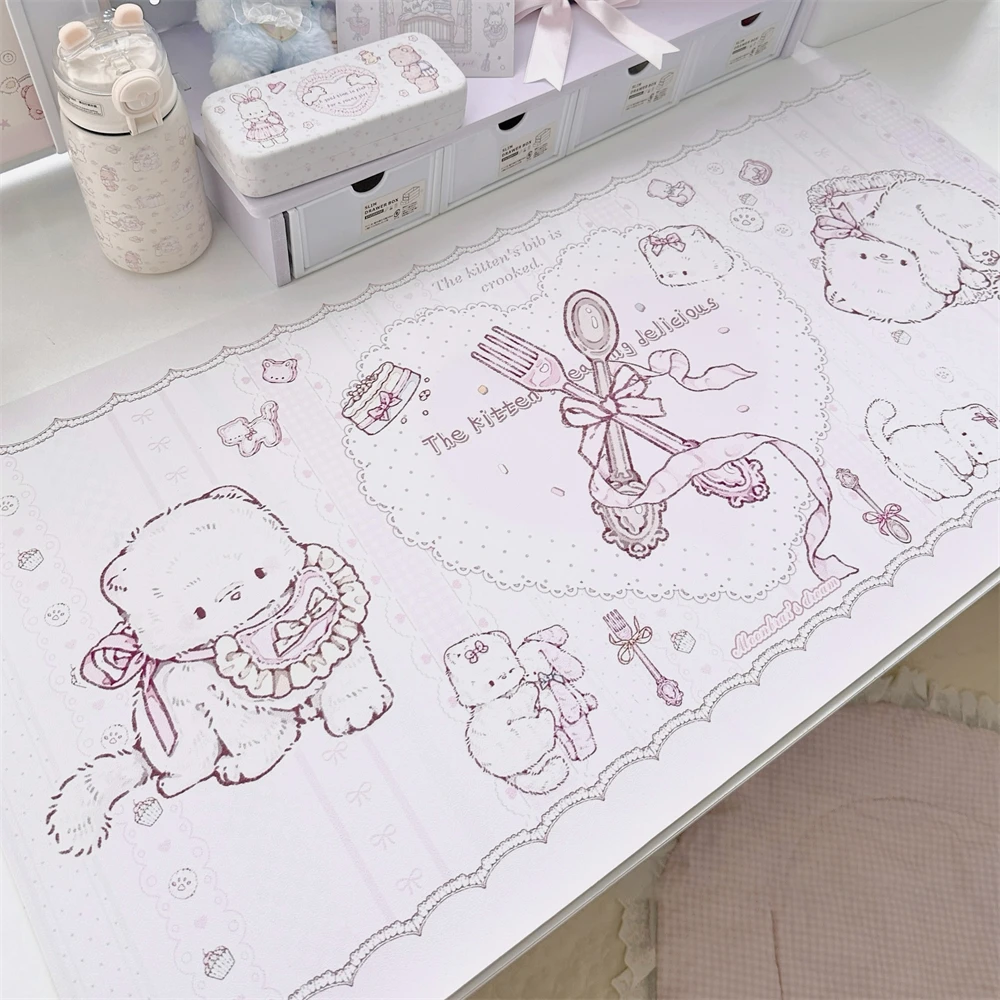 Cartoon Leather Waterproof Table Mat Dormitory Office Computer Mouse Pad Home Room Decoration Cute Cat Love Bow Pink Table Mat