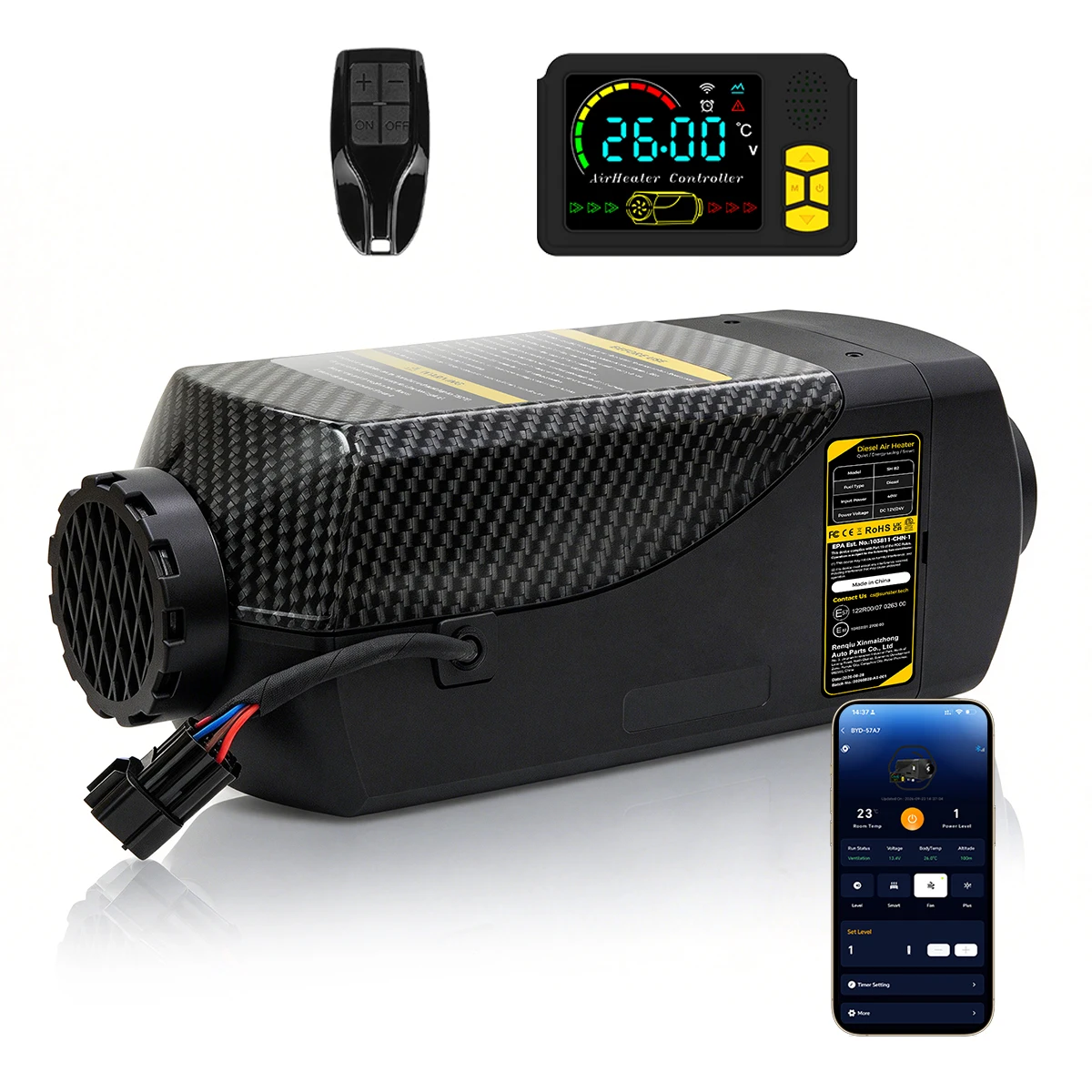Sunster SH B2 2KW dieselstandkachel 12V/24V, met Bluetooth-bediening, LCD-scherm en afstandsbediening, superstil (35dB), geen tikken van de brandstofpomp, laag brandstofverbruik (0,1-0,26L/u), 10L