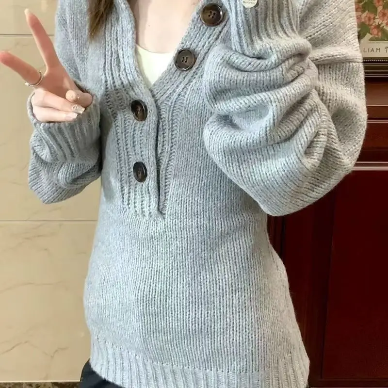 

Серый вязаный свитер American Hot Girl Slim Fit для женщин осенью и зимой, новый модный тренд, винтажный повседневный топ с длинными рукавами