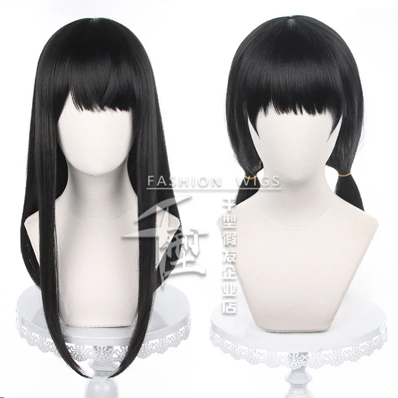 Mitaka Asa motosierra hombre Cosplay peluca pelo liso negro mujer Anime convención peluca con coletas gemelas accesorios de disfraz de fiesta