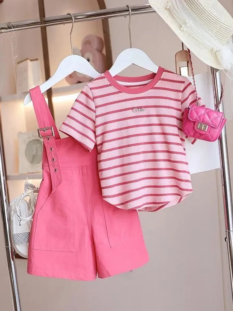 Children's Summer 2 Piece Sets O Neck Stripe Short-sleeve Tops And Fashion Kids Jumpsuits Ensembles Girls Loungewear Outfit