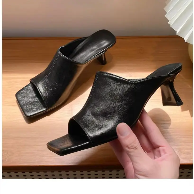 AIYKAZYSDL PU Leather Mules Sandals Slippers Slides Med Kitten Spike Heel Women Fashion Shoes Pumps Sandals Work Streetwear
